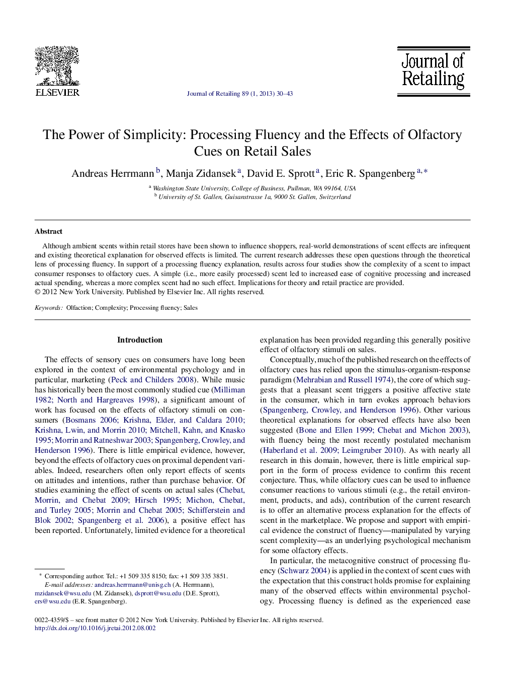 The Power of Simplicity: Processing Fluency and the Effects of Olfactory Cues on Retail Sales