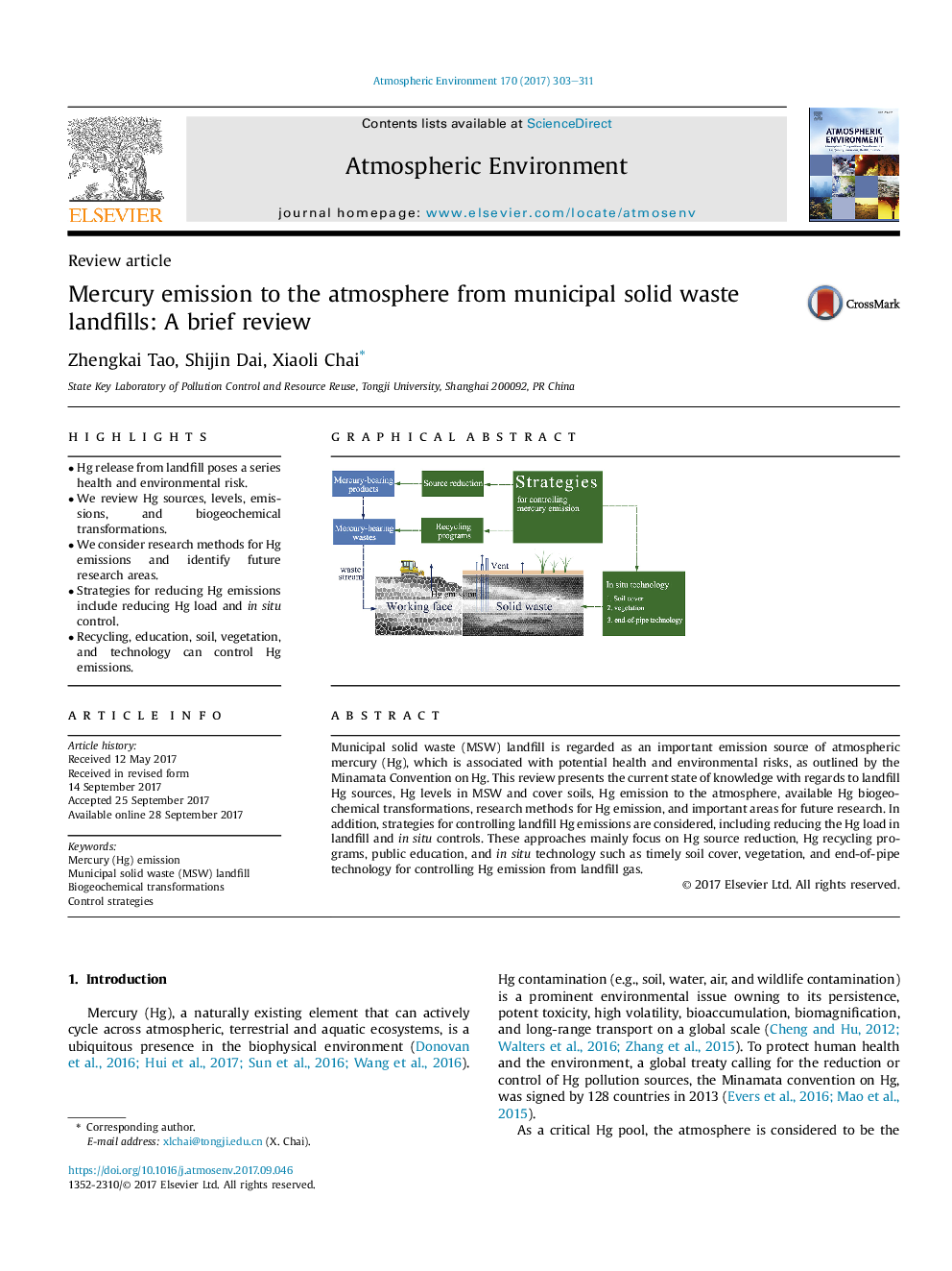 Mercury emission to the atmosphere from municipal solid waste landfills: A brief review