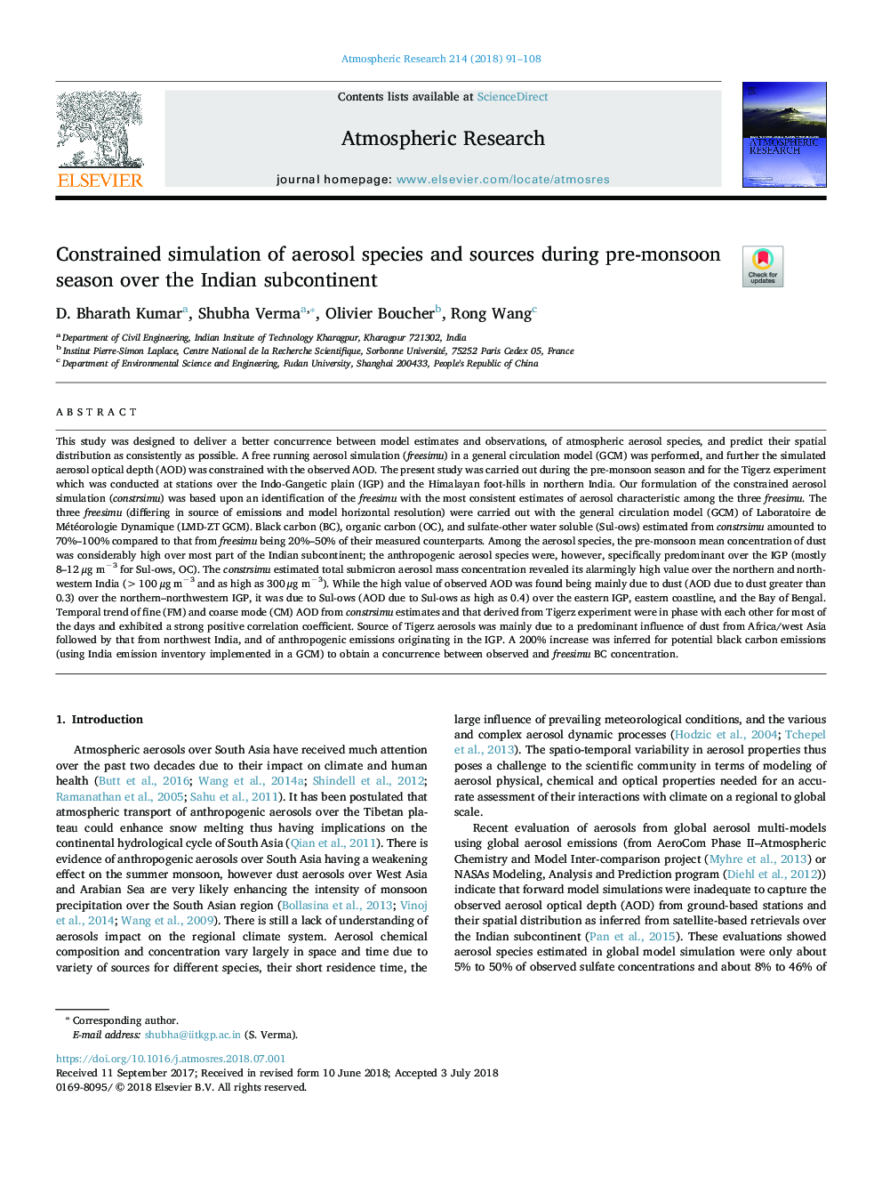 Constrained simulation of aerosol species and sources during pre-monsoon season over the Indian subcontinent