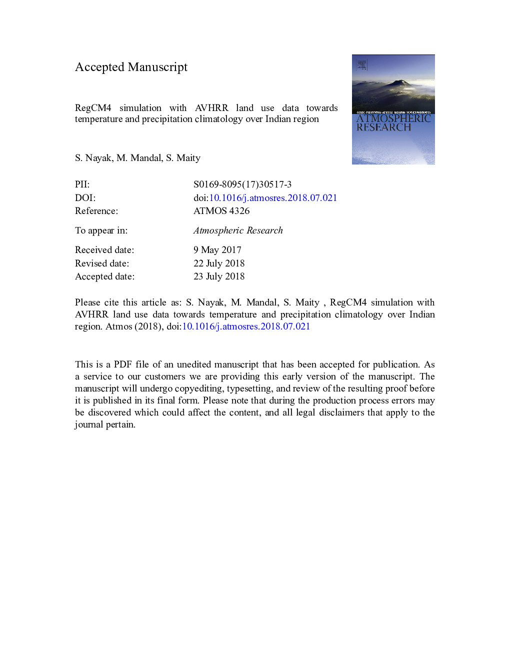 عکس صفحه اول مقاله: RegCM4 simulation with AVHRR land use data towards temperature and precipitation climatology over Indian region RegCM4 simulation with AVHRR land use data towards temperature and precipitation climatology over Indian region