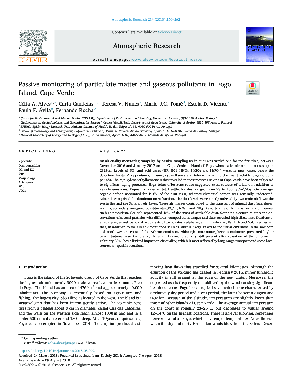 Passive monitoring of particulate matter and gaseous pollutants in Fogo Island, Cape Verde