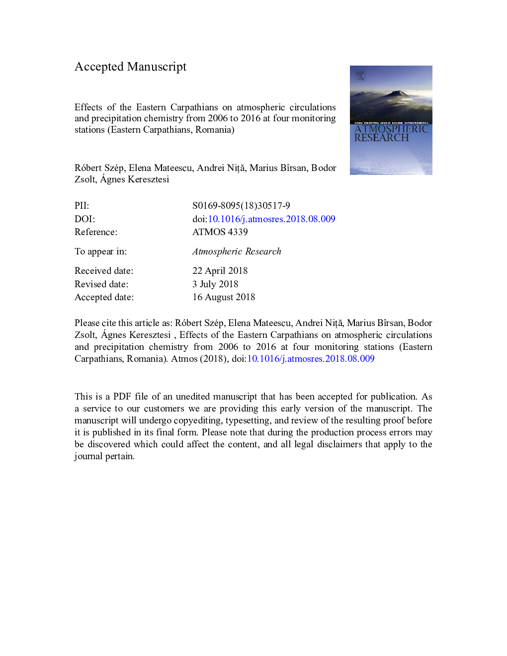 عکس صفحه اول مقاله: Effects of the Eastern Carpathians on atmospheric circulations and precipitation chemistry from 2006 to 2016 at four monitoring stations (Eastern Carpathians, Romania) Effects of the Eastern Carpathians on atmospheric circulations and precipitation chemistry from 2006 to 2016 at four monitoring stations (Eastern Carpathians, Romania)