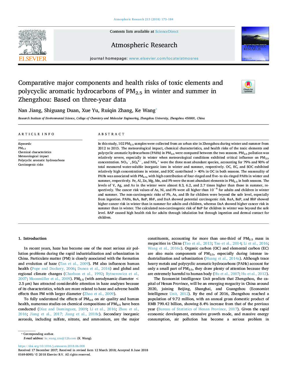 Comparative major components and health risks of toxic elements and polycyclic aromatic hydrocarbons of PM2.5 in winter and summer in Zhengzhou: Based on three-year data