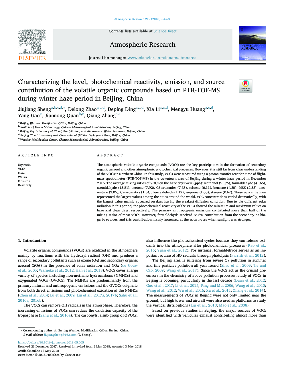 Characterizing the level, photochemical reactivity, emission, and source contribution of the volatile organic compounds based on PTR-TOF-MS during winter haze period in Beijing, China