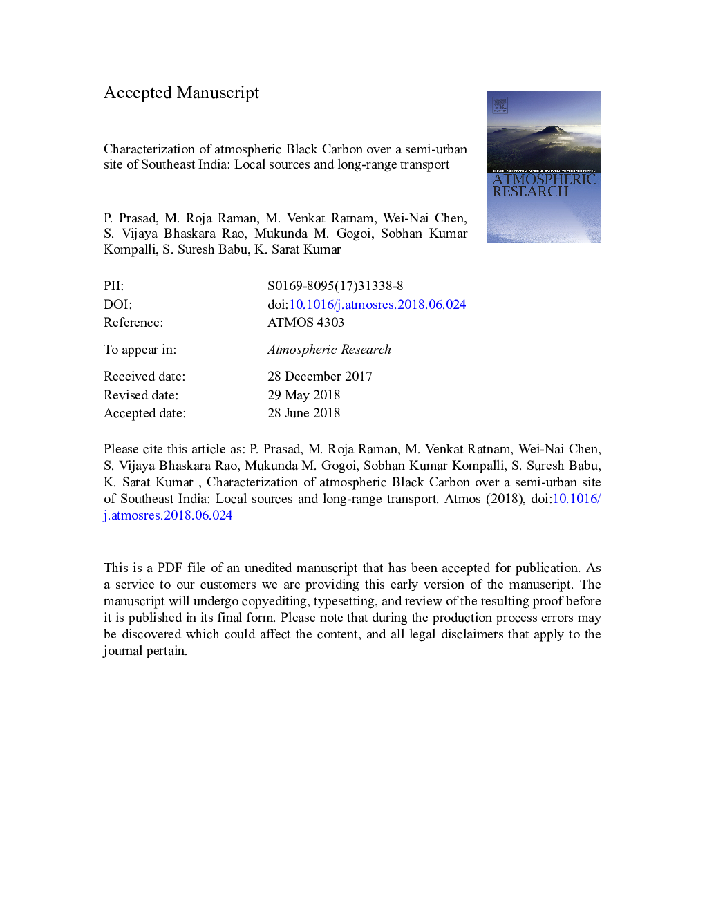 Characterization of atmospheric Black Carbon over a semi-urban site of Southeast India: Local sources and long-range transport