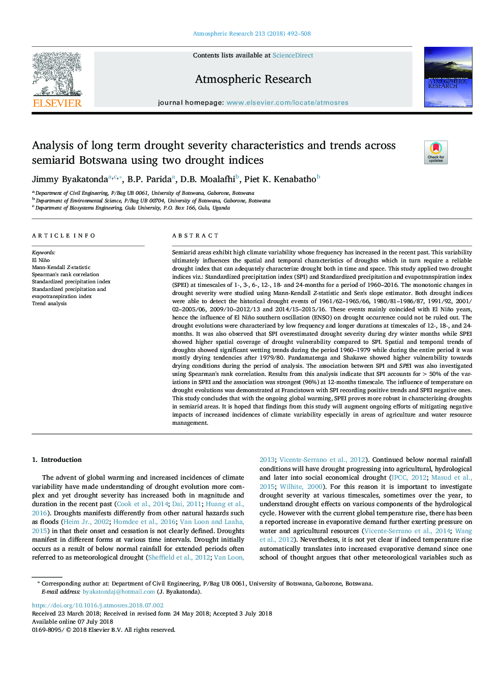 Analysis of long term drought severity characteristics and trends across semiarid Botswana using two drought indices