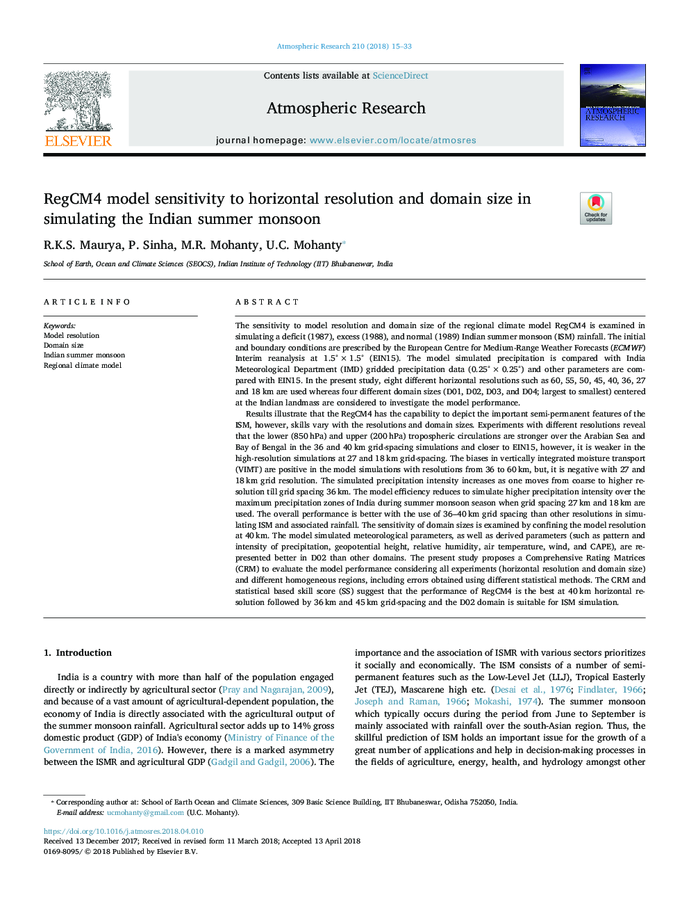 RegCM4 model sensitivity to horizontal resolution and domain size in simulating the Indian summer monsoon