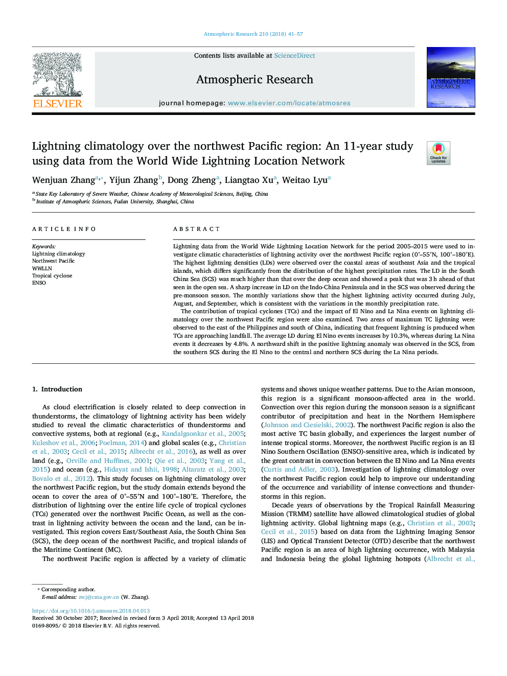 Lightning climatology over the northwest Pacific region: An 11-year study using data from the World Wide Lightning Location Network