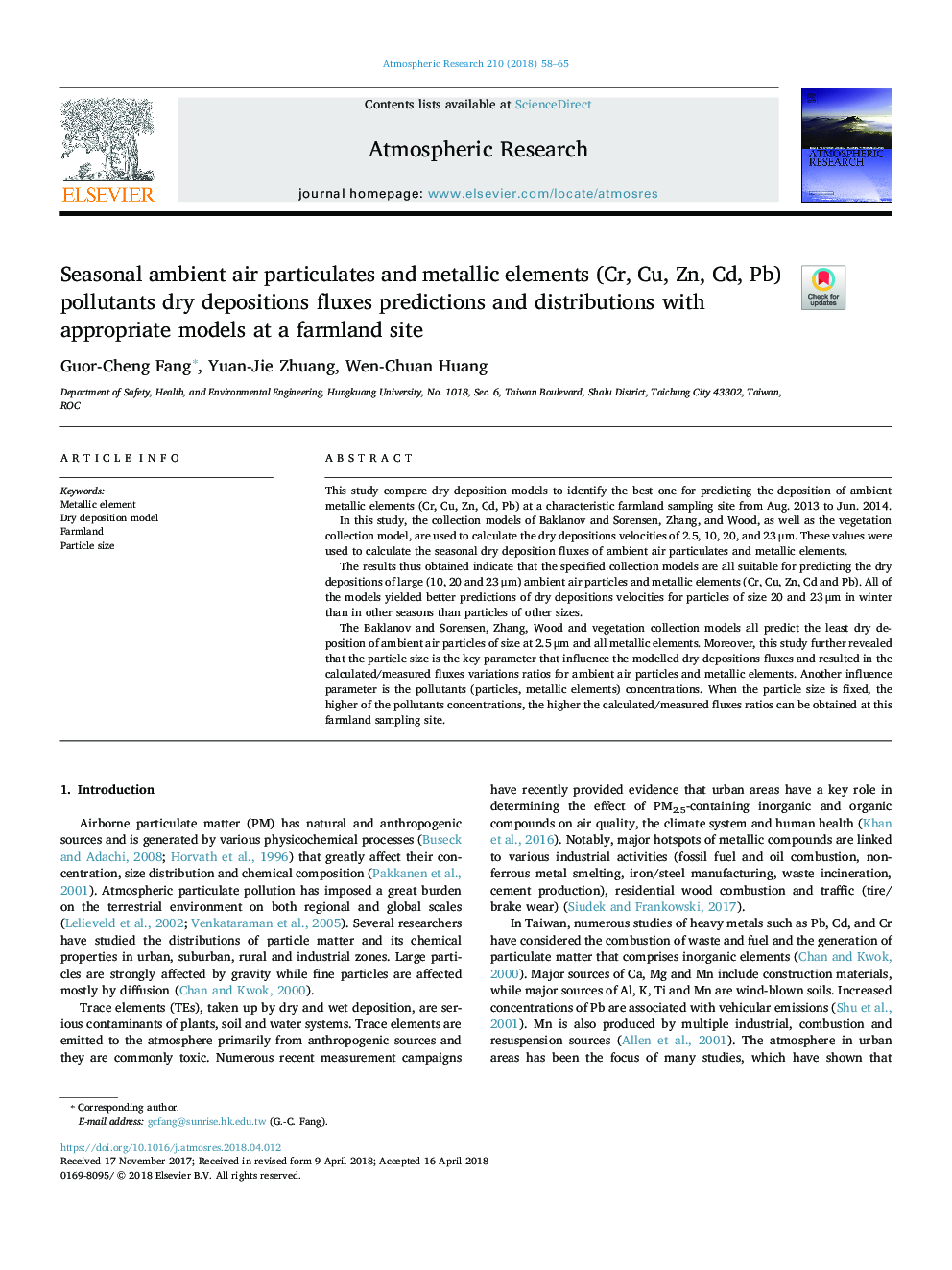 Seasonal ambient air particulates and metallic elements (Cr, Cu, Zn, Cd, Pb) pollutants dry depositions fluxes predictions and distributions with appropriate models at a farmland site