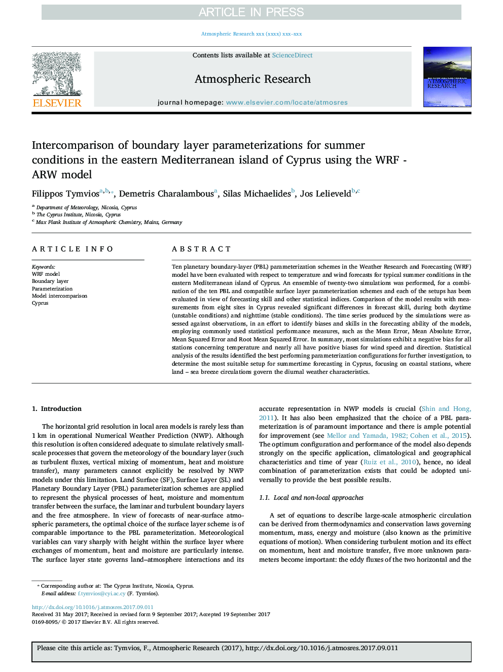 Intercomparison of boundary layer parameterizations for summer conditions in the eastern Mediterranean island of Cyprus using the WRF - ARW model