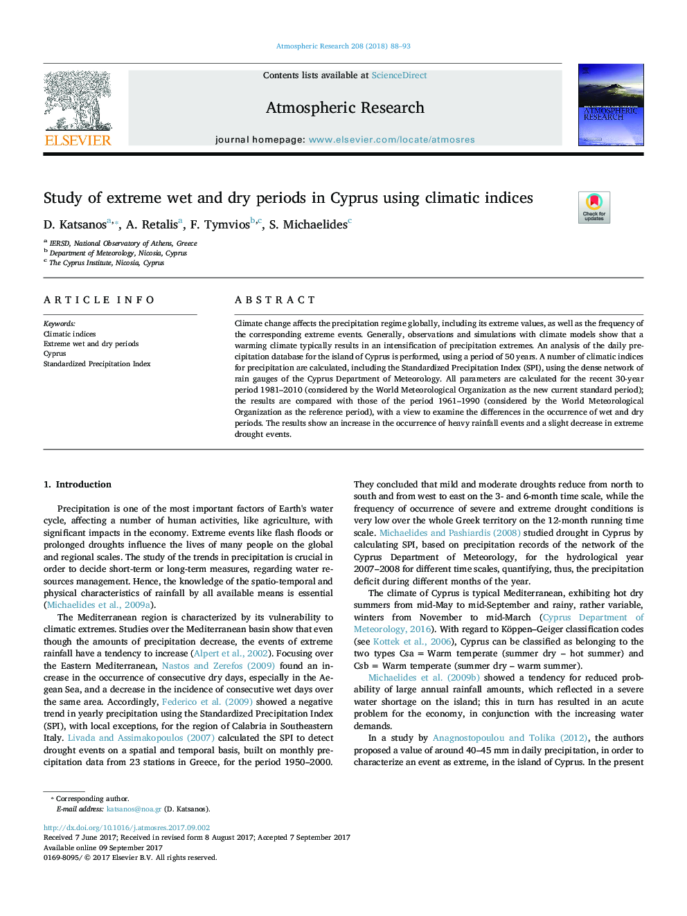 Study of extreme wet and dry periods in Cyprus using climatic indices