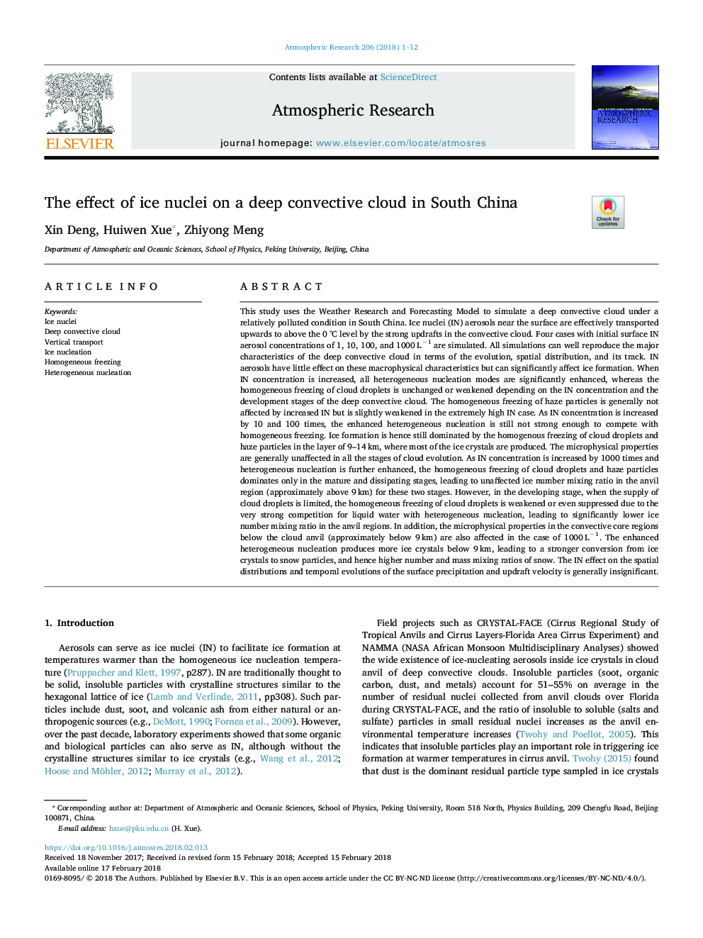 The effect of ice nuclei on a deep convective cloud in South China