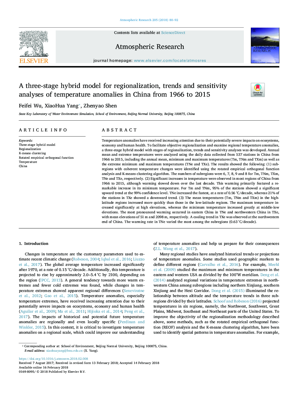 یک مدل ترکیبی سه مرحله ای برای منطقه سازی، روند و حساسیت تجزیه و تحلیل ناهنجاری های درجه حرارت در چین از سال 1966 تا 2015 