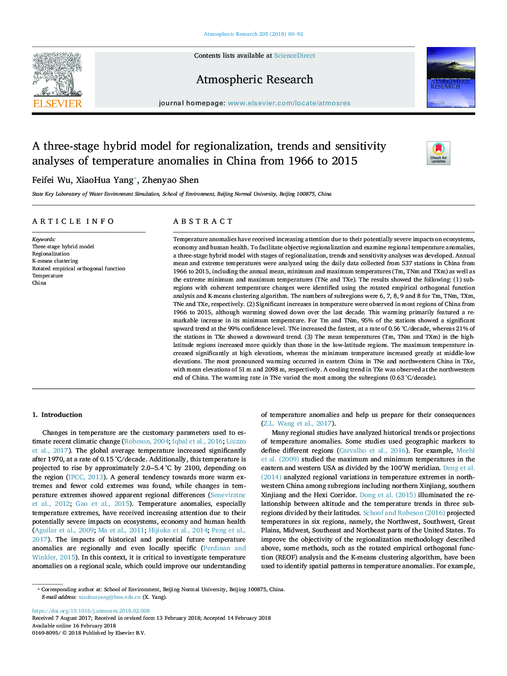 A three-stage hybrid model for regionalization, trends and sensitivity analyses of temperature anomalies in China from 1966 to 2015