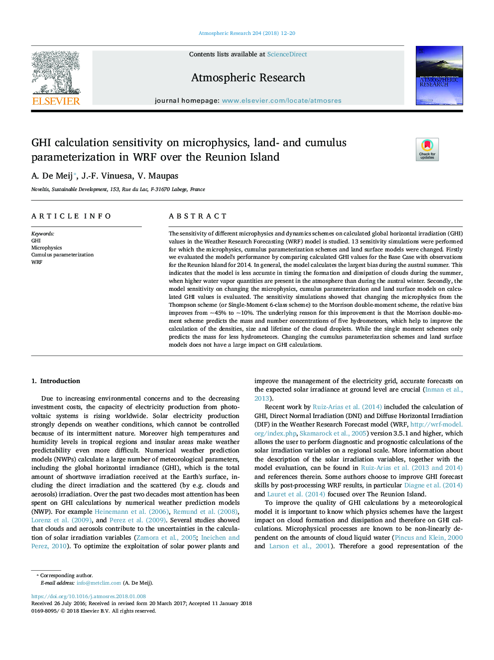 GHI calculation sensitivity on microphysics, land- and cumulus parameterization in WRF over the Reunion Island