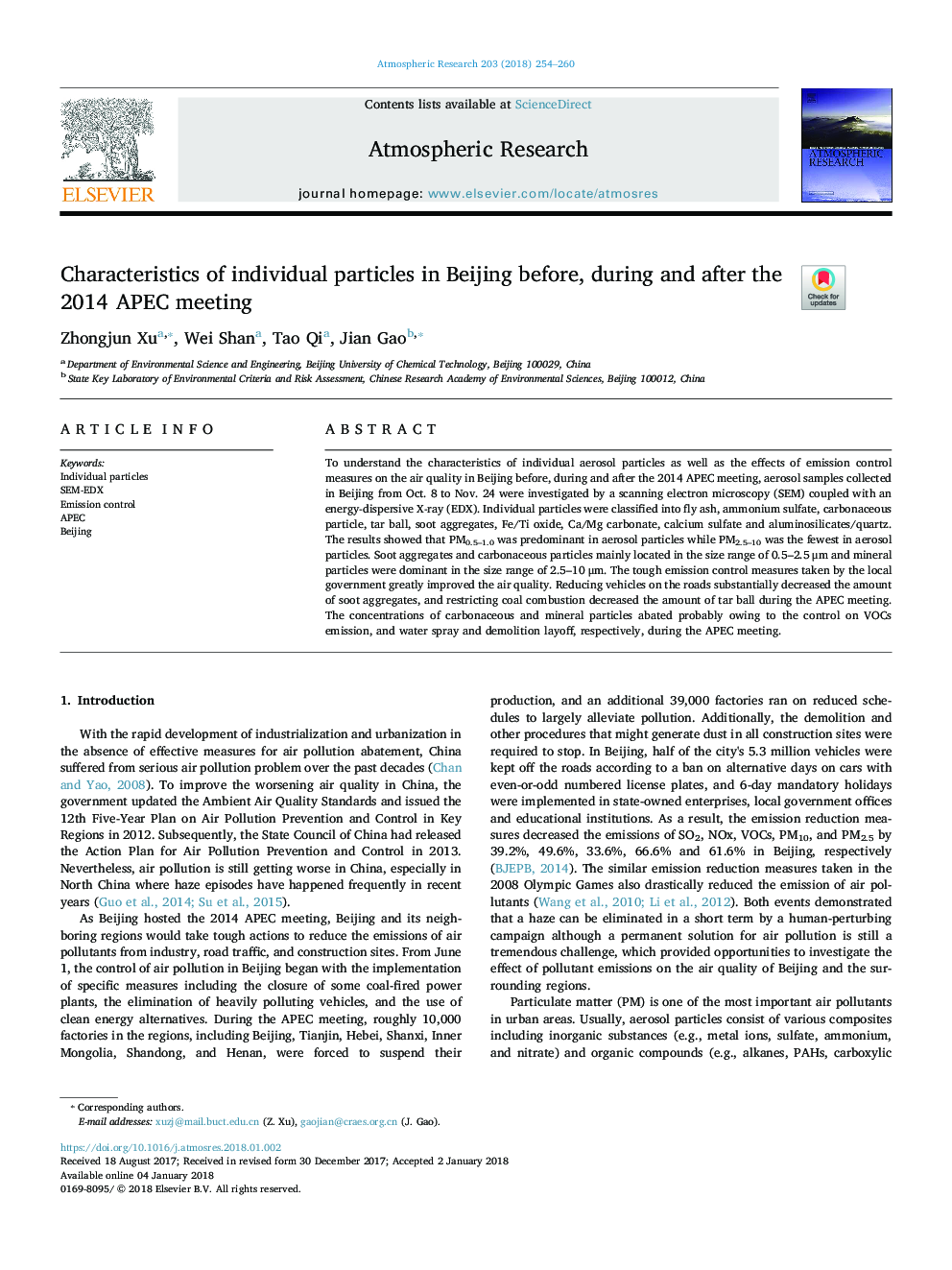 Characteristics of individual particles in Beijing before, during and after the 2014 APEC meeting