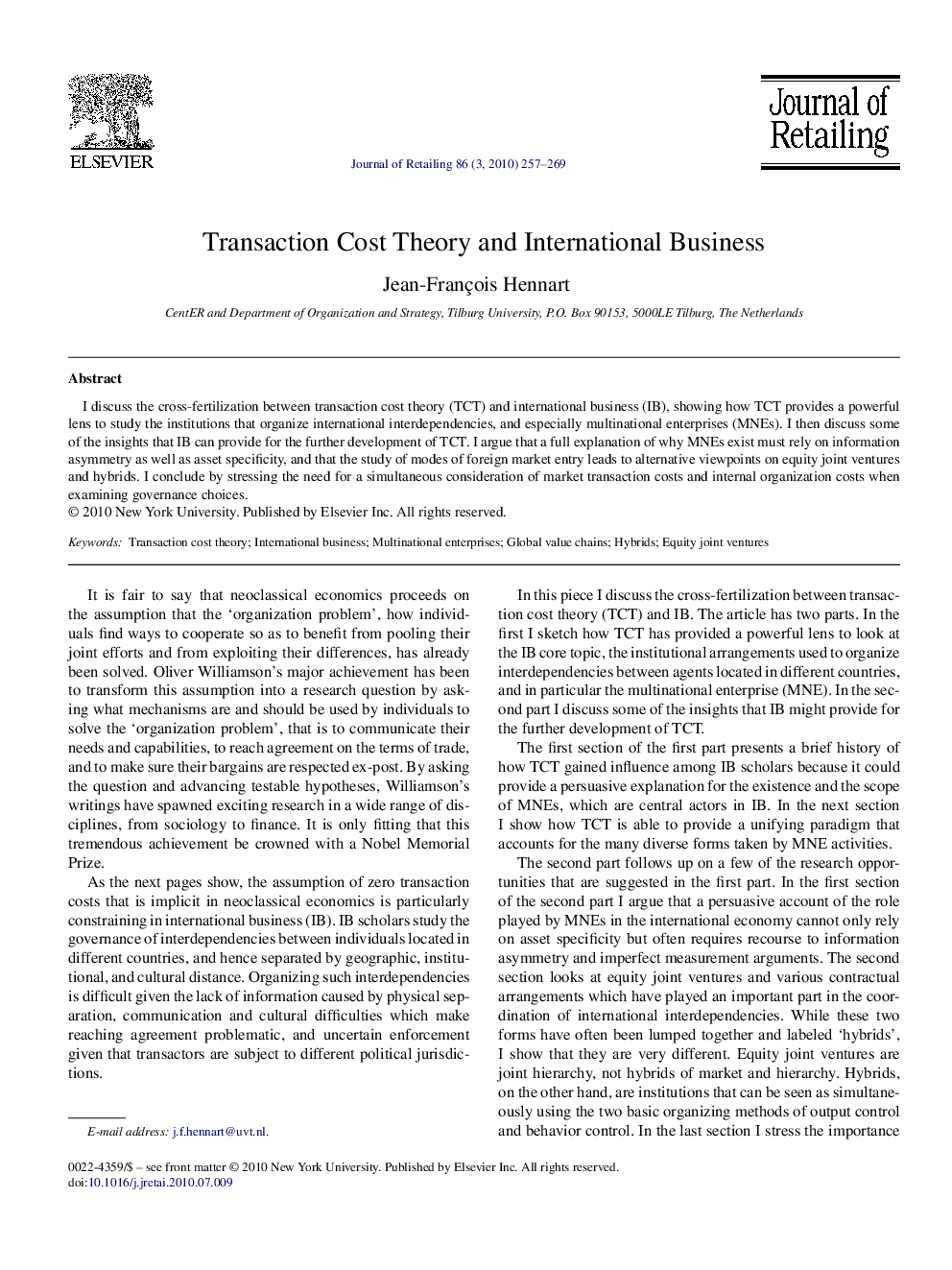 Transaction Cost Theory and International Business