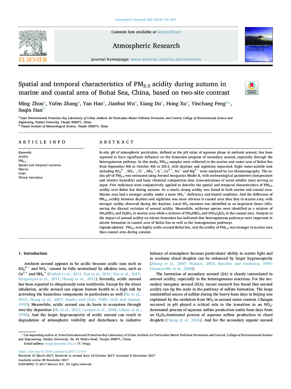 Spatial and temporal characteristics of PM2.5 acidity during autumn in marine and coastal area of Bohai Sea, China, based on two-site contrast