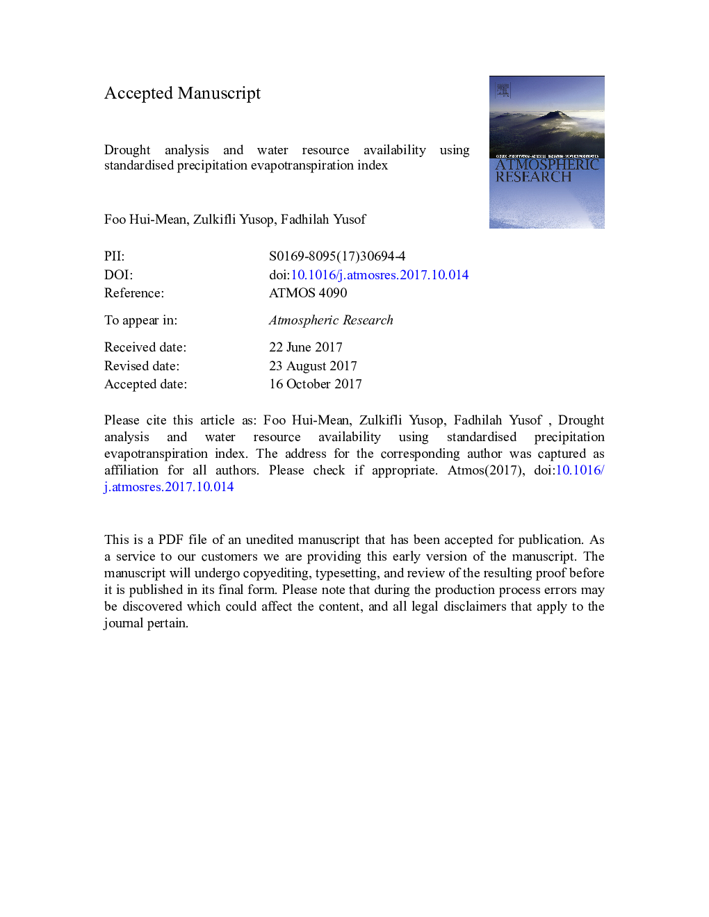 Drought analysis and water resource availability using standardised precipitation evapotranspiration index