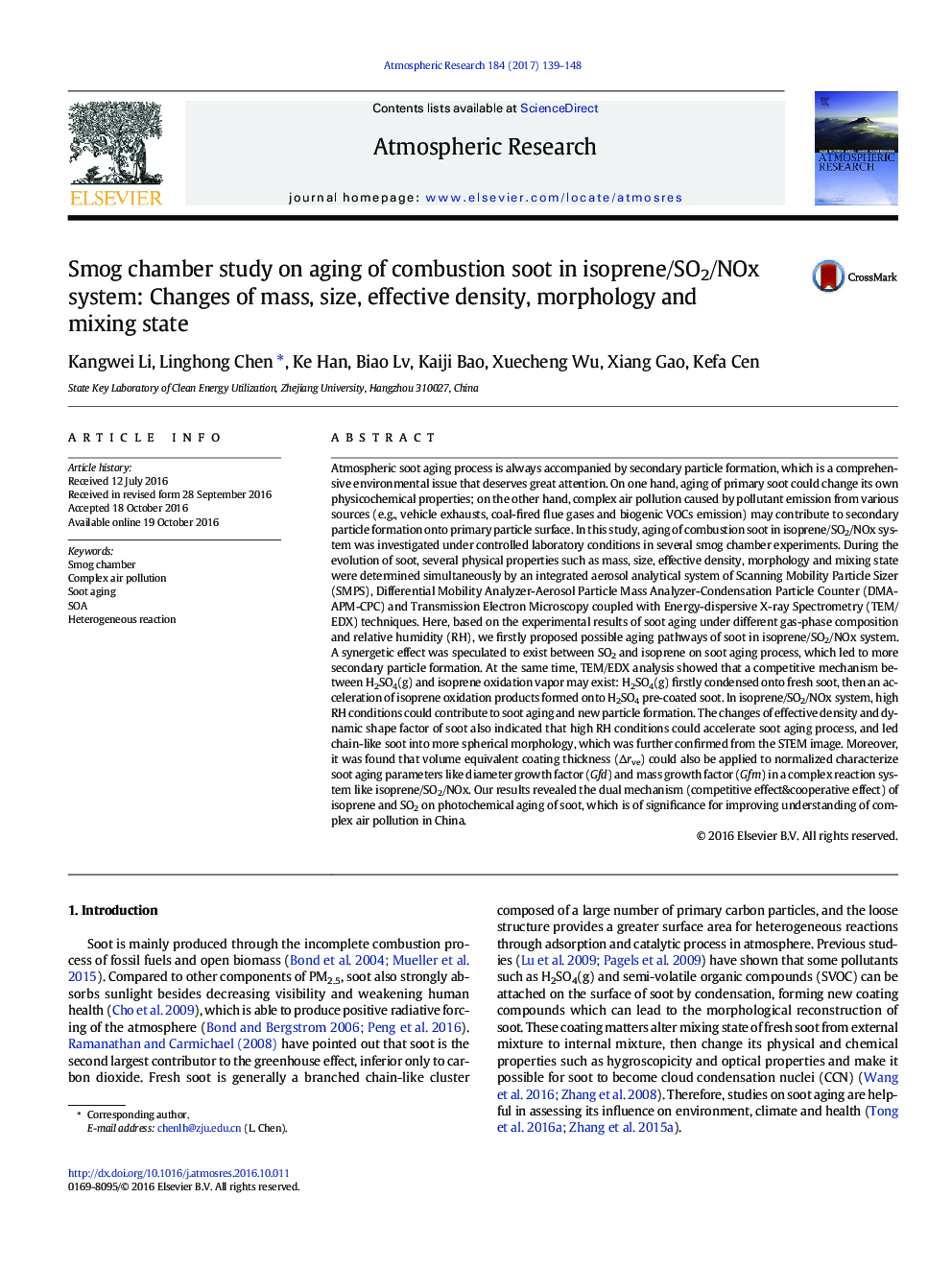 Smog chamber study on aging of combustion soot in isoprene/SO2/NOx system: Changes of mass, size, effective density, morphology and mixing state