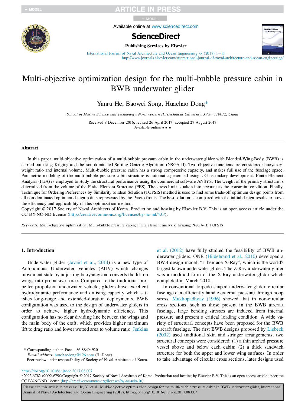 Multi-objective optimization design for the multi-bubble pressure cabin in BWB underwater glider