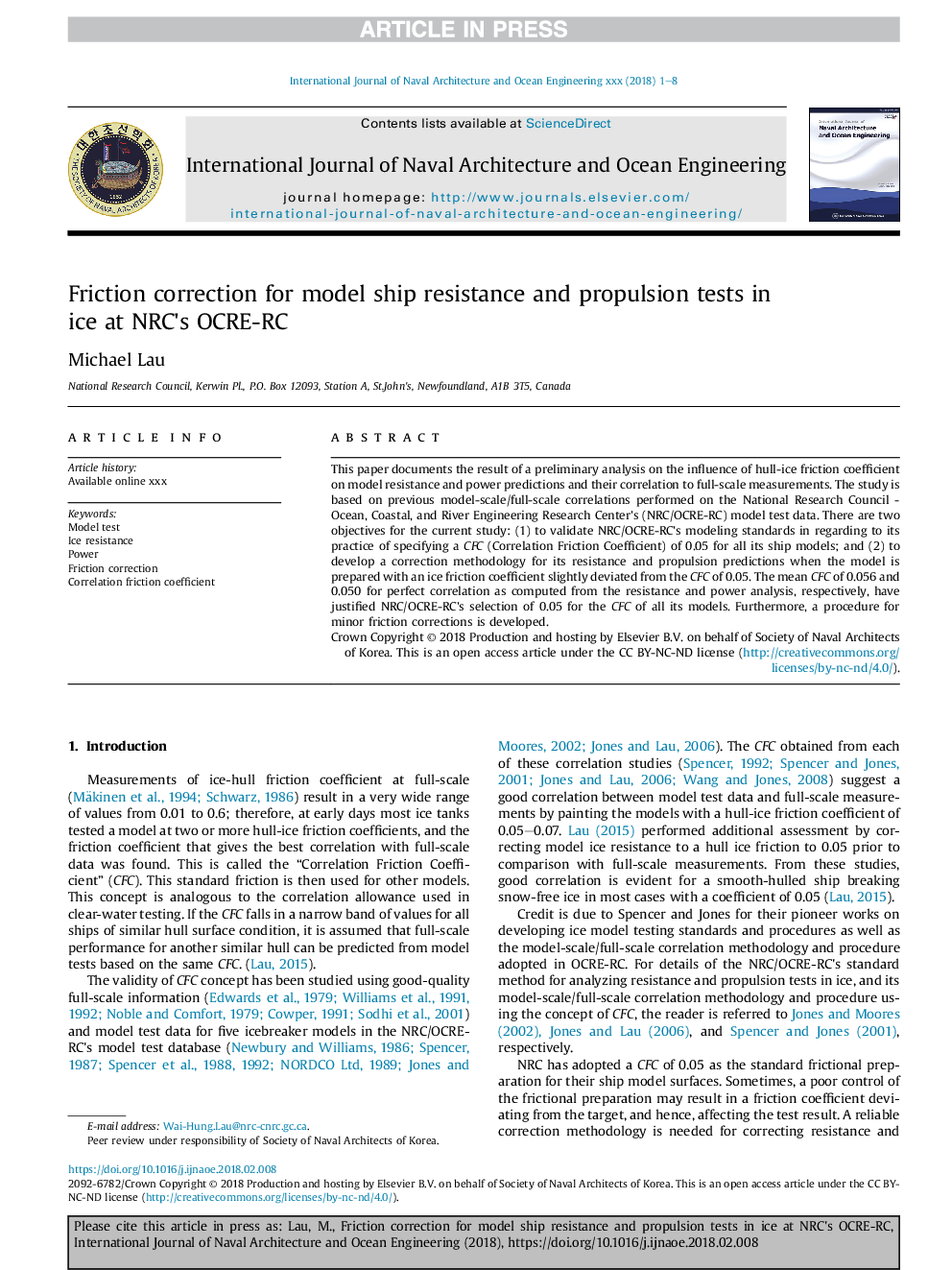 Friction correction for model ship resistance and propulsion tests in ice at NRC's OCRE-RC