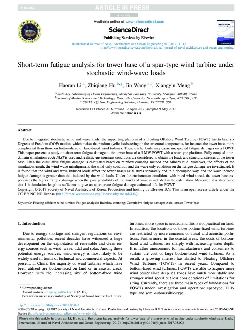 Short-term fatigue analysis for tower base of a spar-type wind turbine under stochastic wind-wave loads