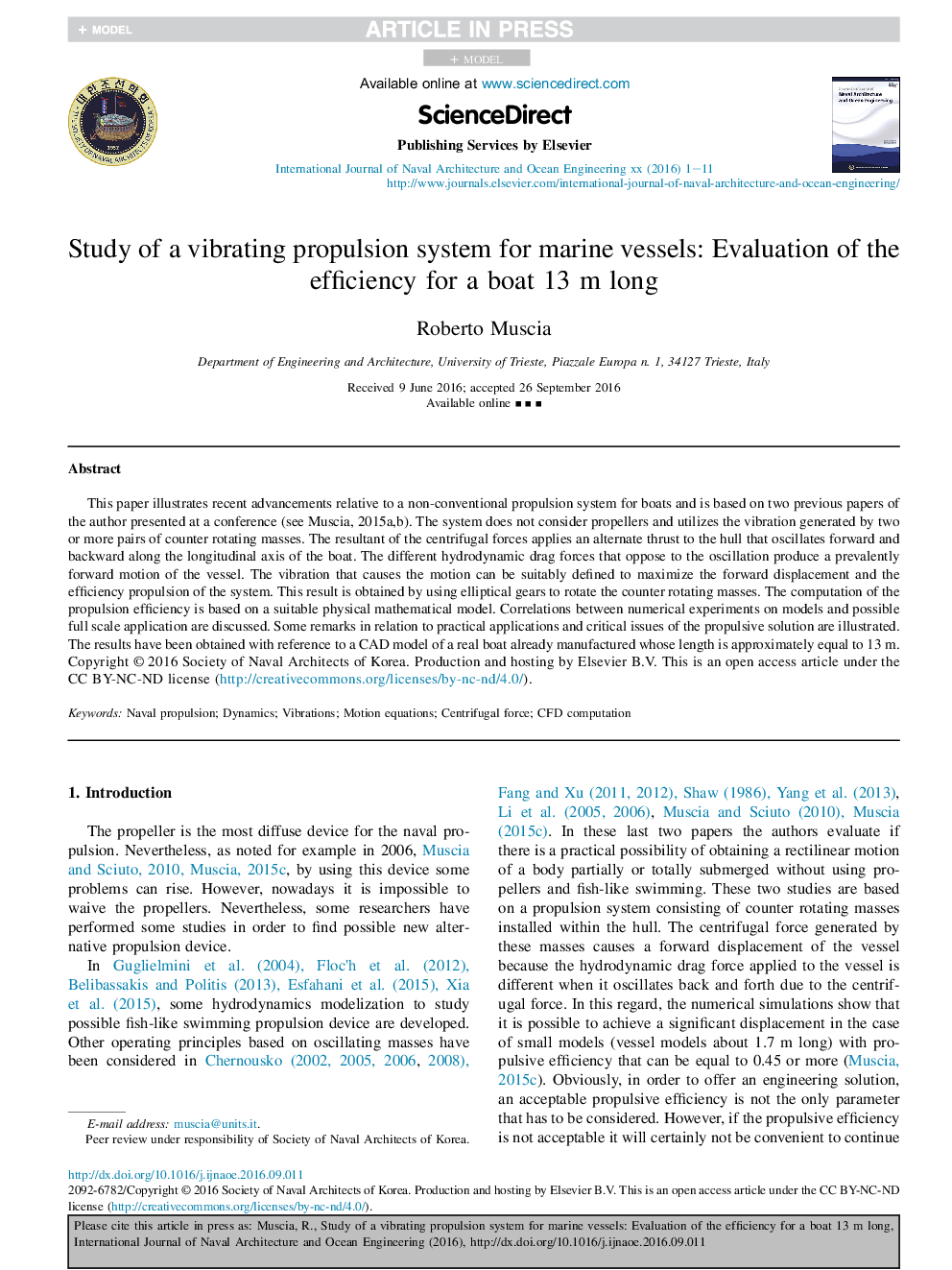 Study of a vibrating propulsion system for marine vessels: Evaluation of the efficiency for a boat 13Â m long