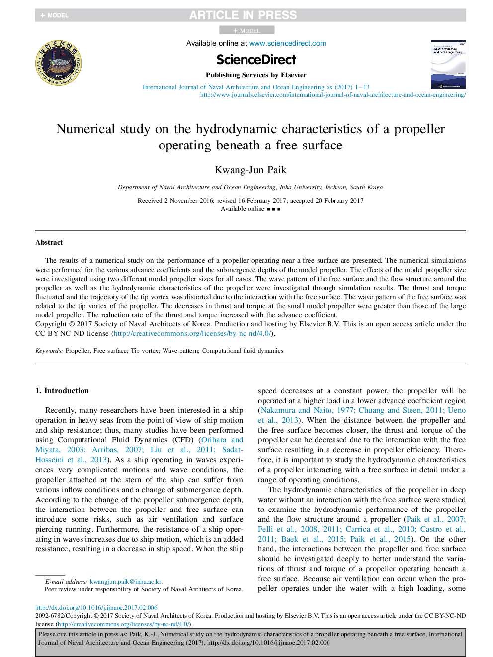 Numerical study on the hydrodynamic characteristics of a propeller operating beneath a free surface