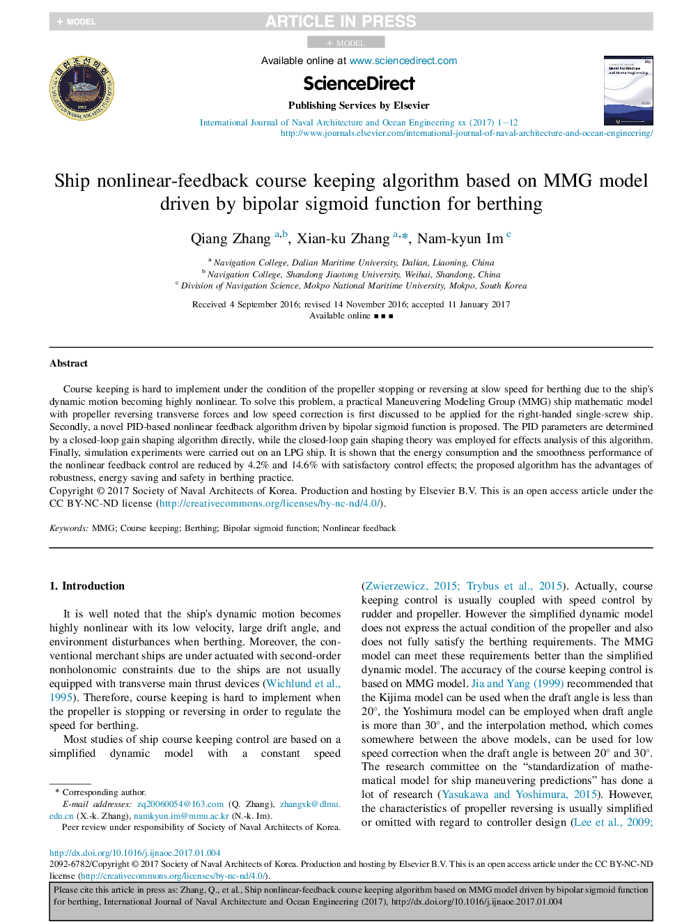 Ship nonlinear-feedback course keeping algorithm based on MMG model driven by bipolar sigmoid function for berthing