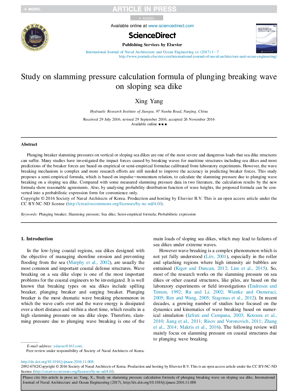 Study on slamming pressure calculation formula of plunging breaking wave on sloping sea dike