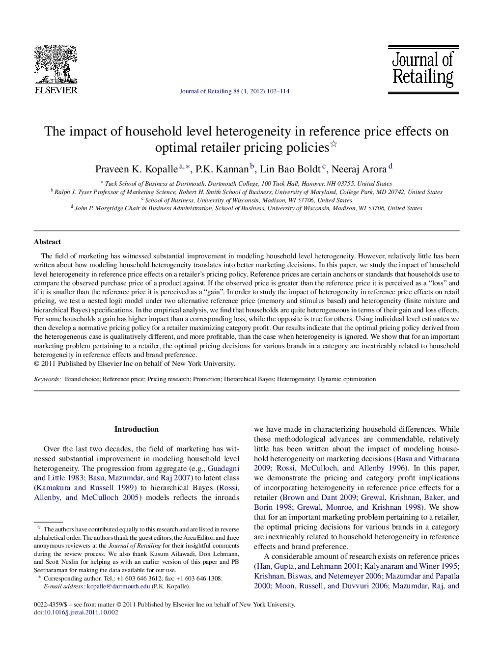 The impact of household level heterogeneity in reference price effects on optimal retailer pricing policies 