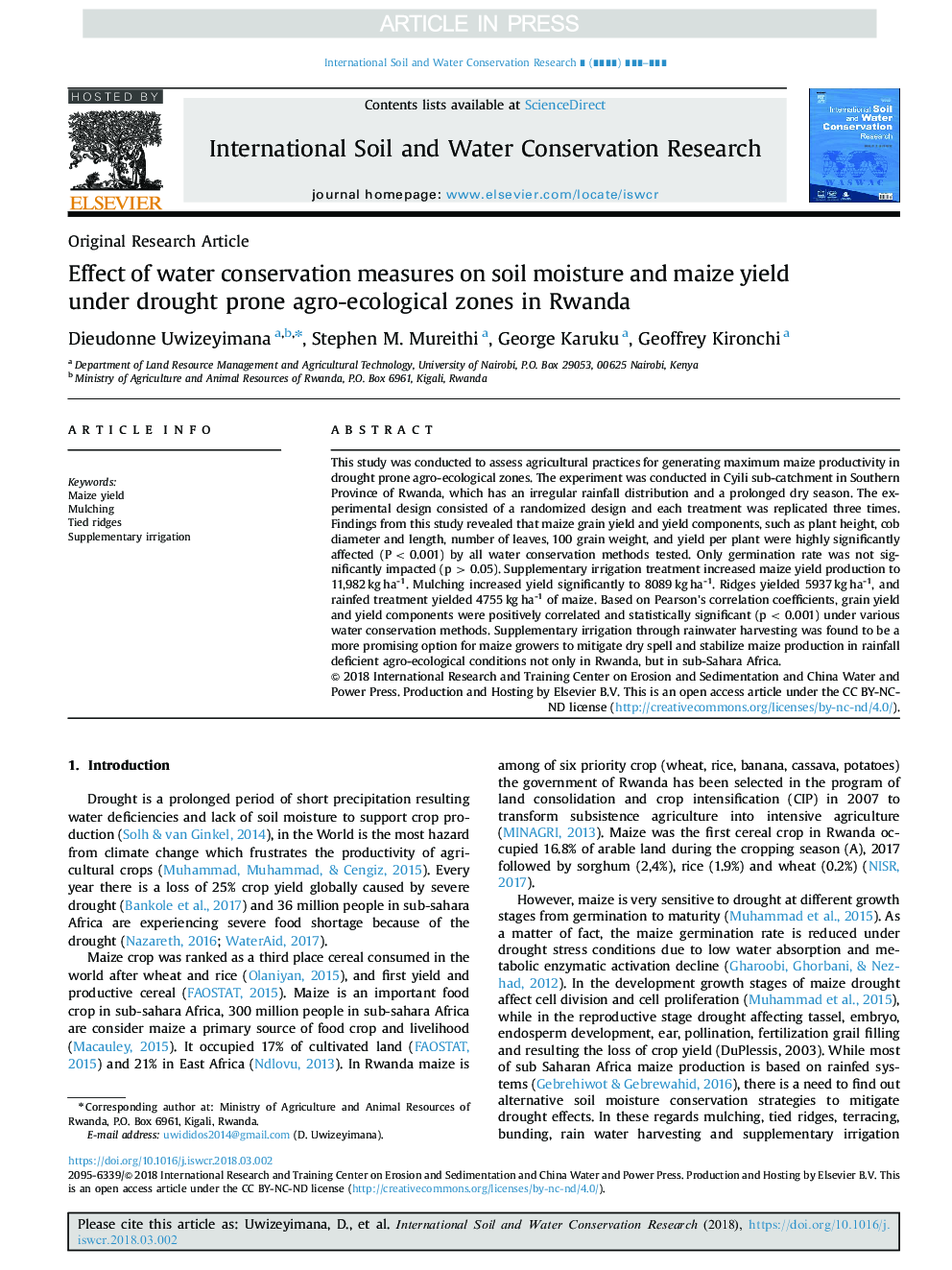 Effect of water conservation measures on soil moisture and maize yield under drought prone agro-ecological zones in Rwanda