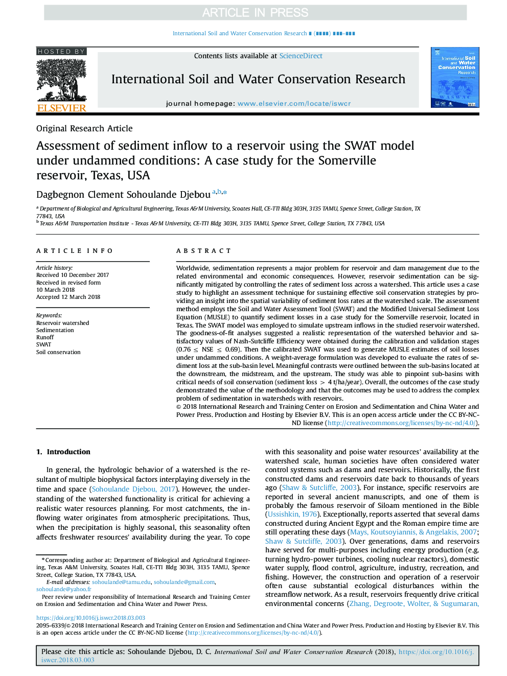 Assessment of sediment inflow to a reservoir using the SWAT model under undammed conditions: A case study for the Somerville reservoir, Texas, USA