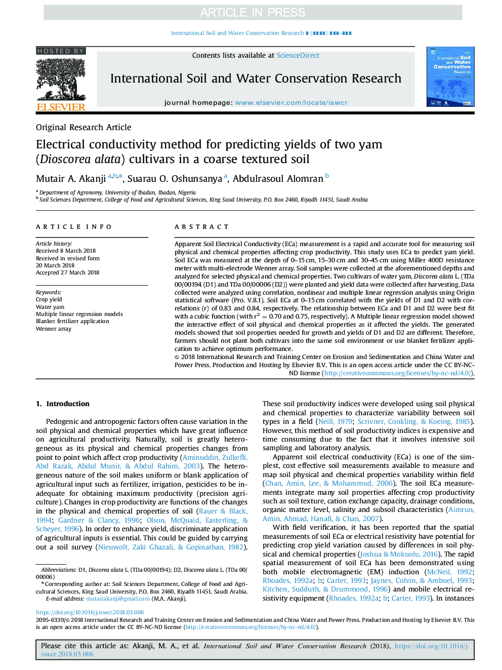 Electrical conductivity method for predicting yields of two yam (Dioscorea alata) cultivars in a coarse textured soil