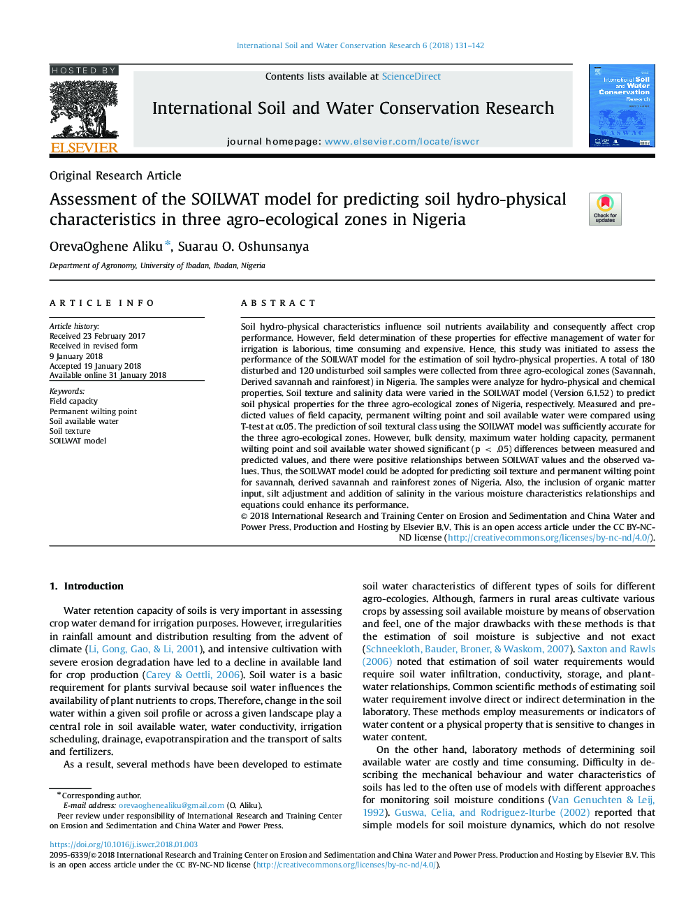 Assessment of the SOILWAT model for predicting soil hydro-physical characteristics in three agro-ecological zones in Nigeria