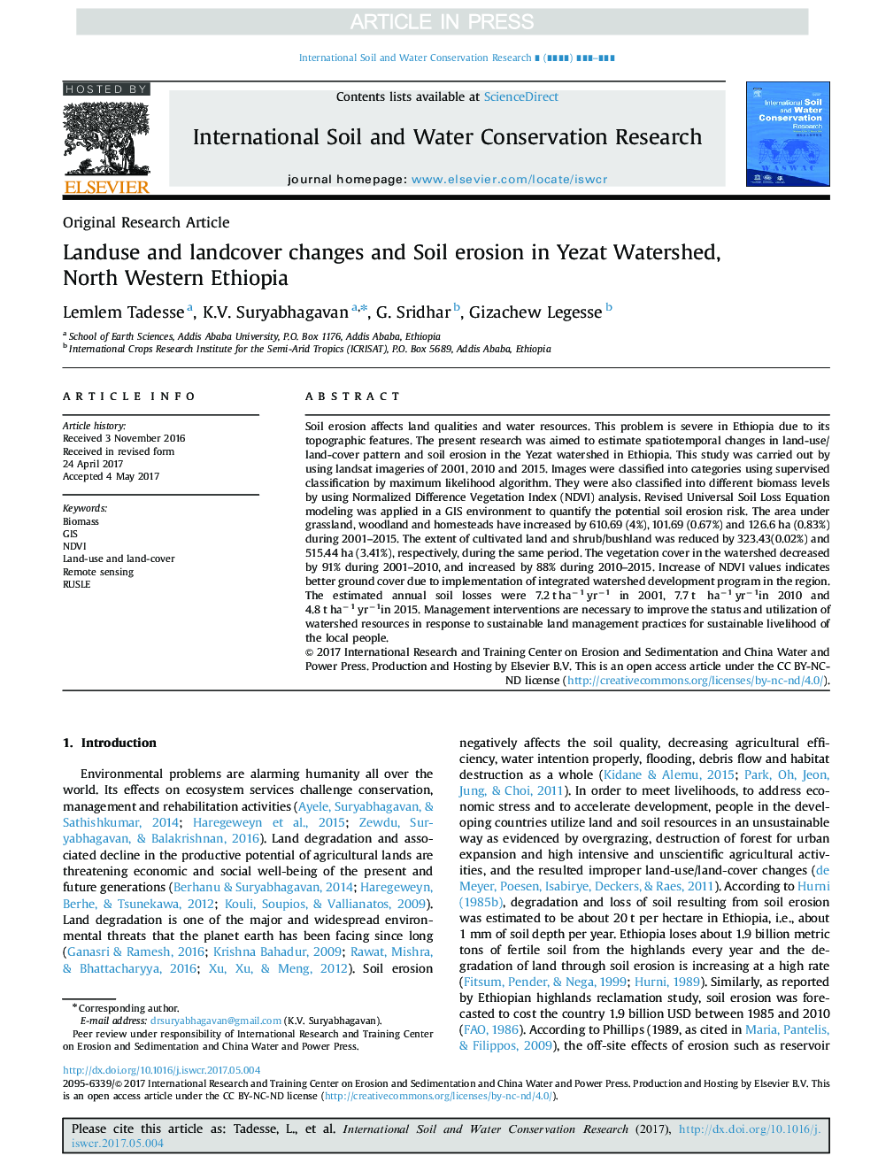 Land use and land cover changes and Soil erosion in Yezat Watershed, North Western Ethiopia