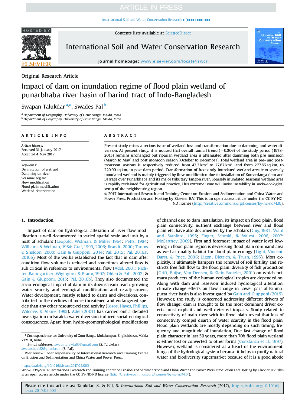 Impact of dam on inundation regime of flood plain wetland of punarbhaba river basin of barind tract of Indo-Bangladesh