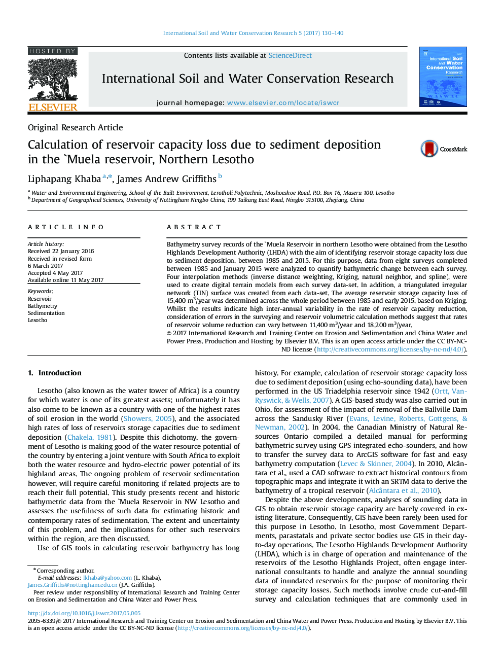 Calculation of reservoir capacity loss due to sediment deposition in the `Muela reservoir, Northern Lesotho