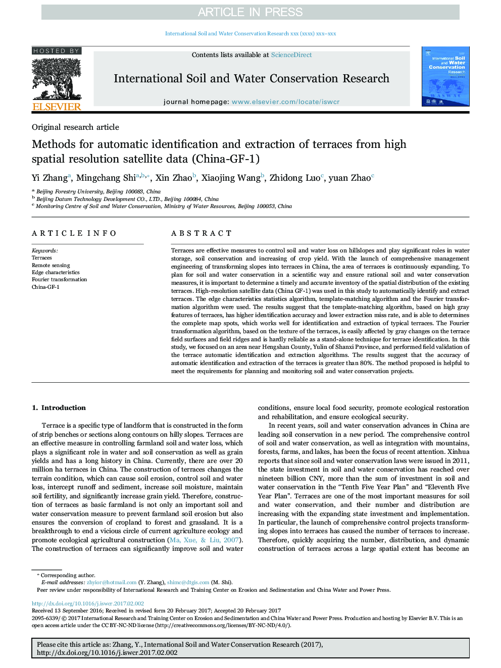 Methods for automatic identification and extraction of terraces from high spatial resolution satellite data (China-GF-1)