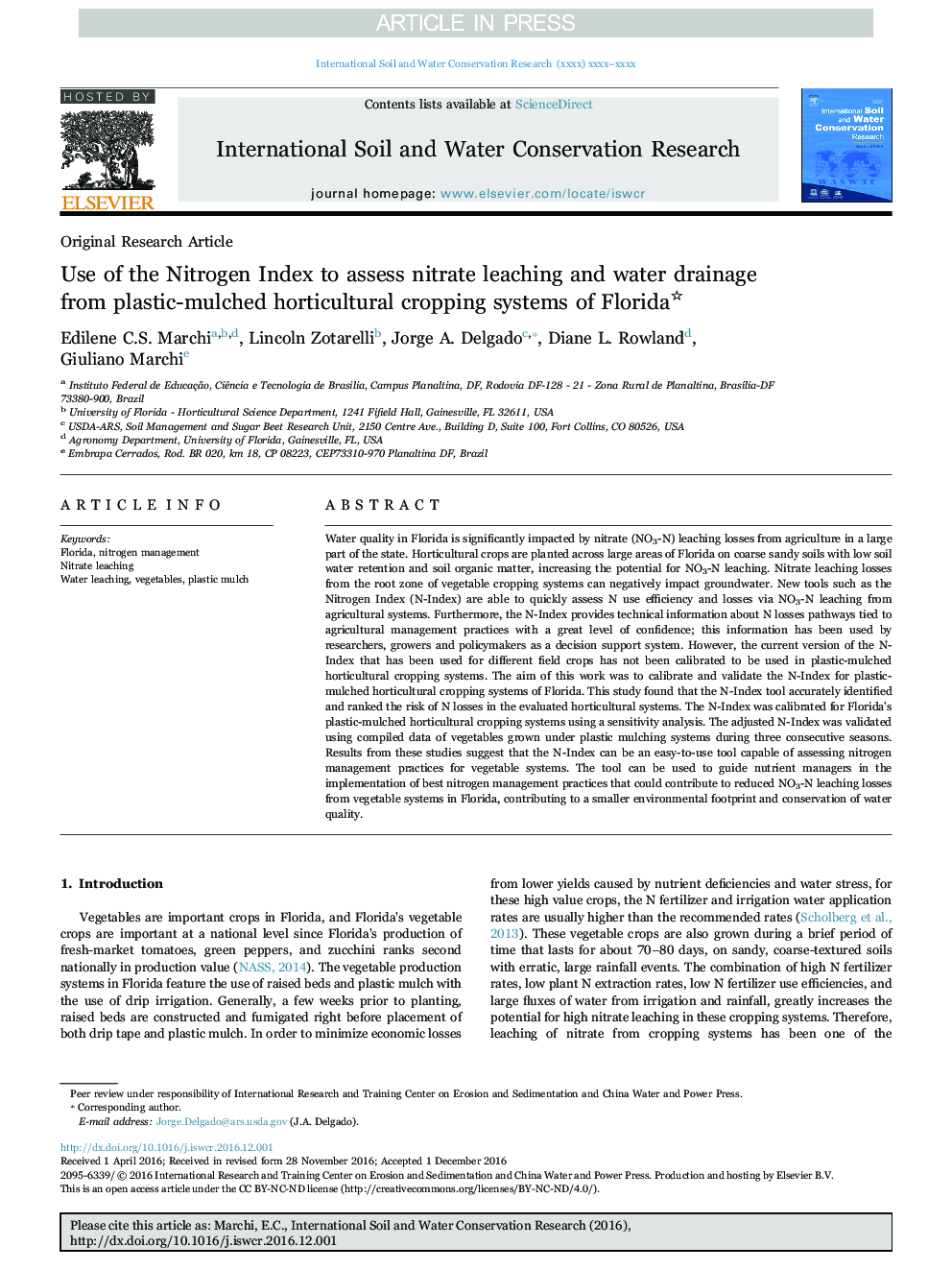 Use of the Nitrogen Index to assess nitrate leaching and water drainage from plastic-mulched horticultural cropping systems of Florida