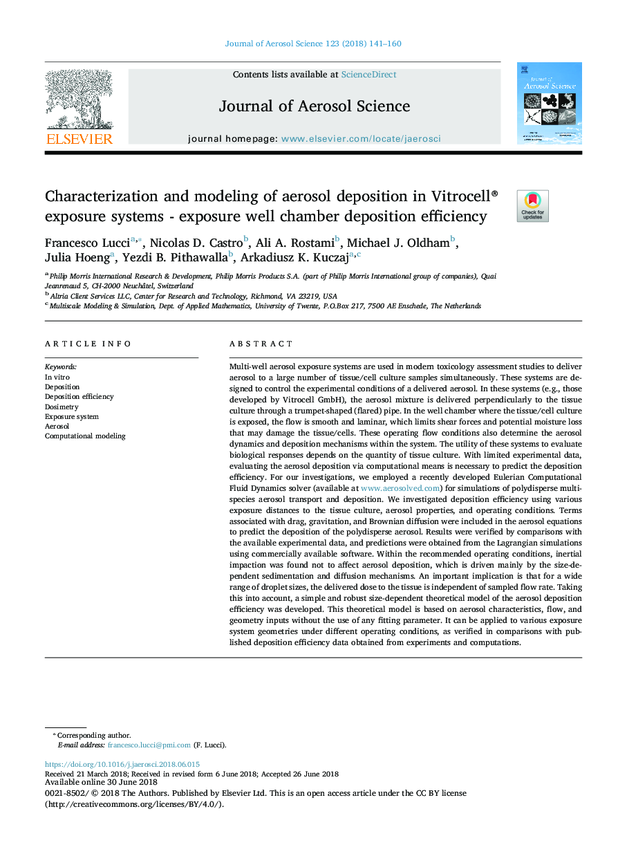 Characterization and modeling of aerosol deposition in Vitrocell® exposure systems - exposure well chamber deposition efficiency