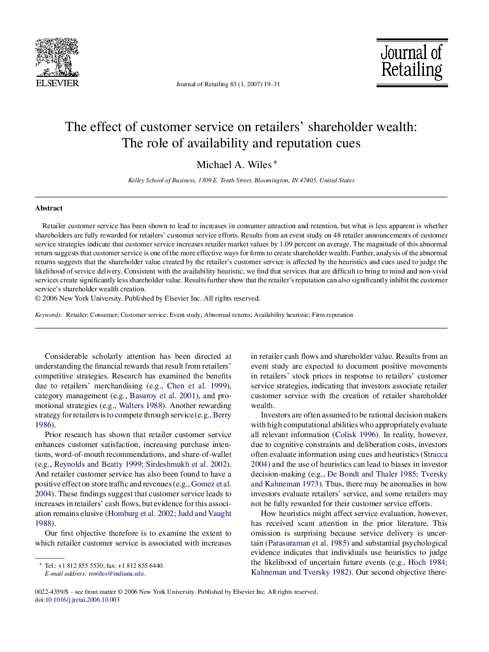 The effect of customer service on retailers’ shareholder wealth: The role of availability and reputation cues