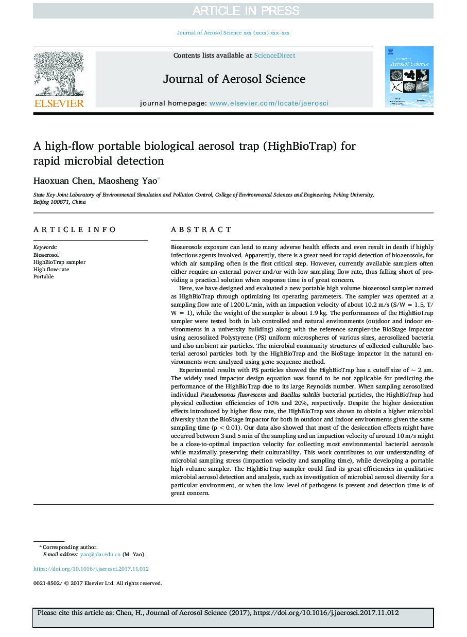 A high-flow portable biological aerosol trap (HighBioTrap) for rapid microbial detection