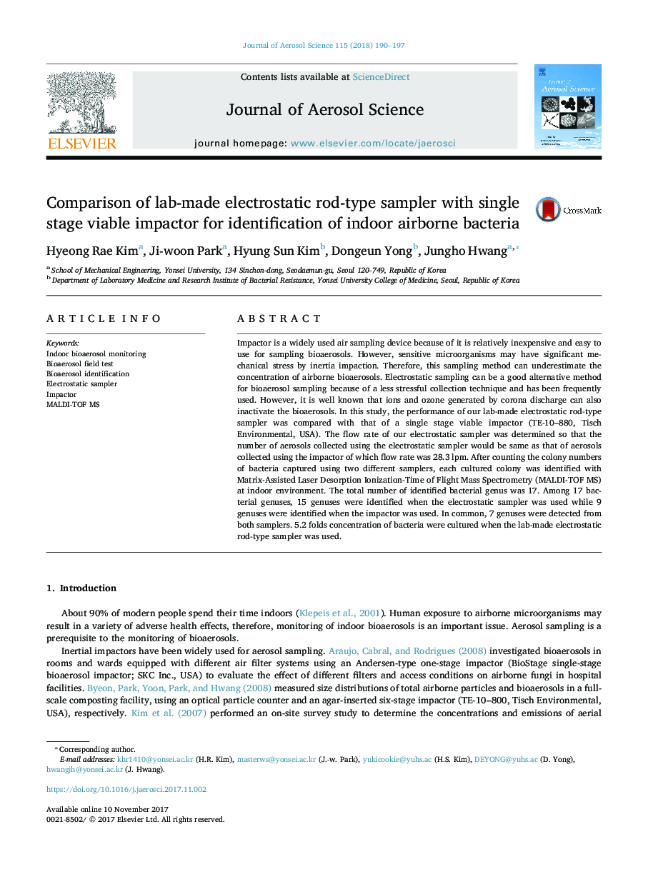 Comparison of lab-made electrostatic rod-type sampler with single stage viable impactor for identification of indoor airborne bacteria