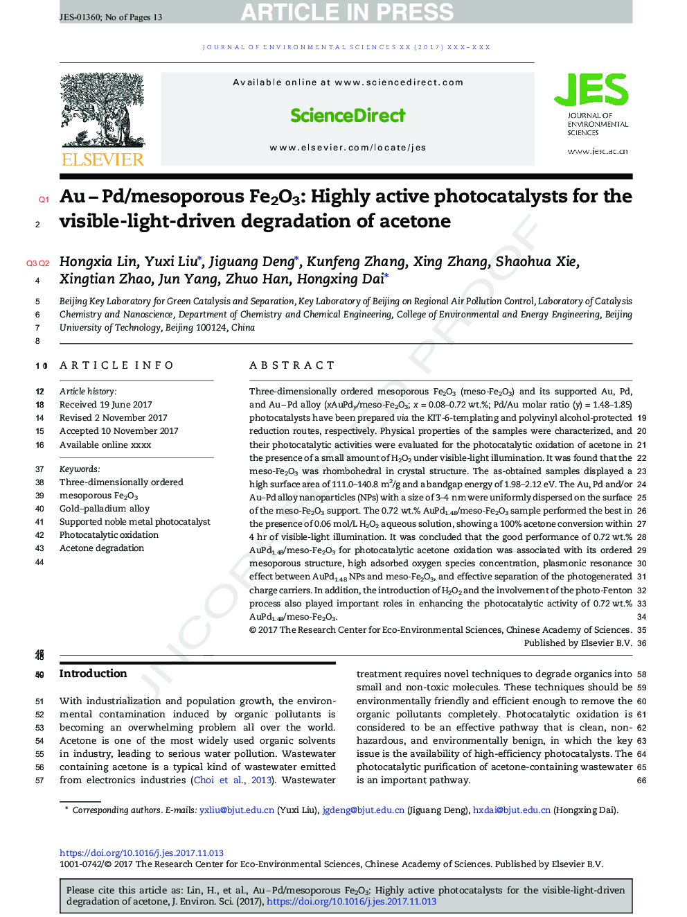 AuÂ âÂ Pd/mesoporous Fe2O3: Highly active photocatalysts for the visible-light-driven degradation of acetone