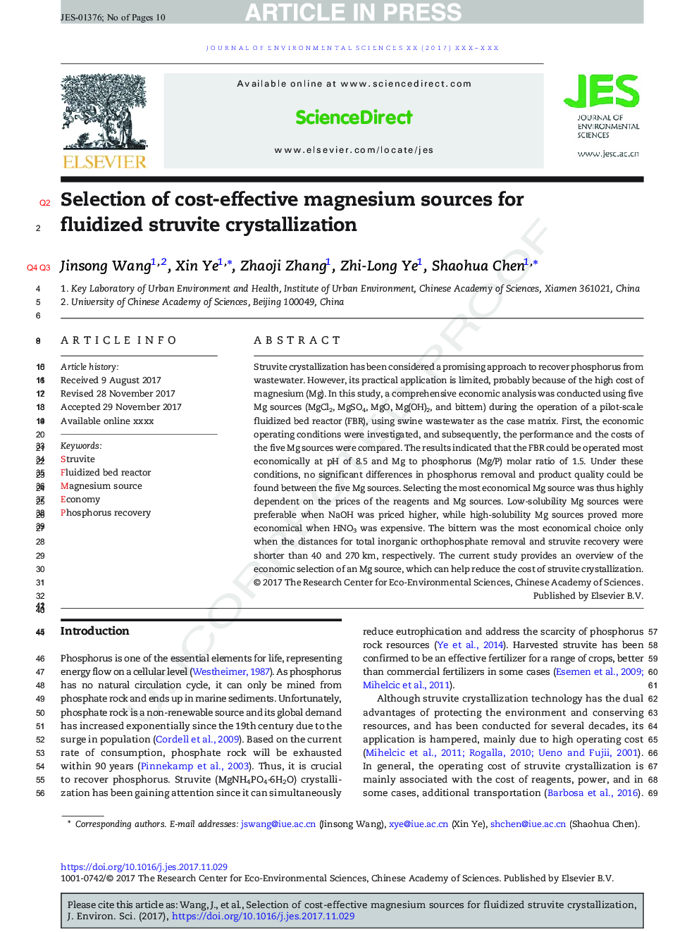 Selection of cost-effective magnesium sources for fluidized struvite crystallization