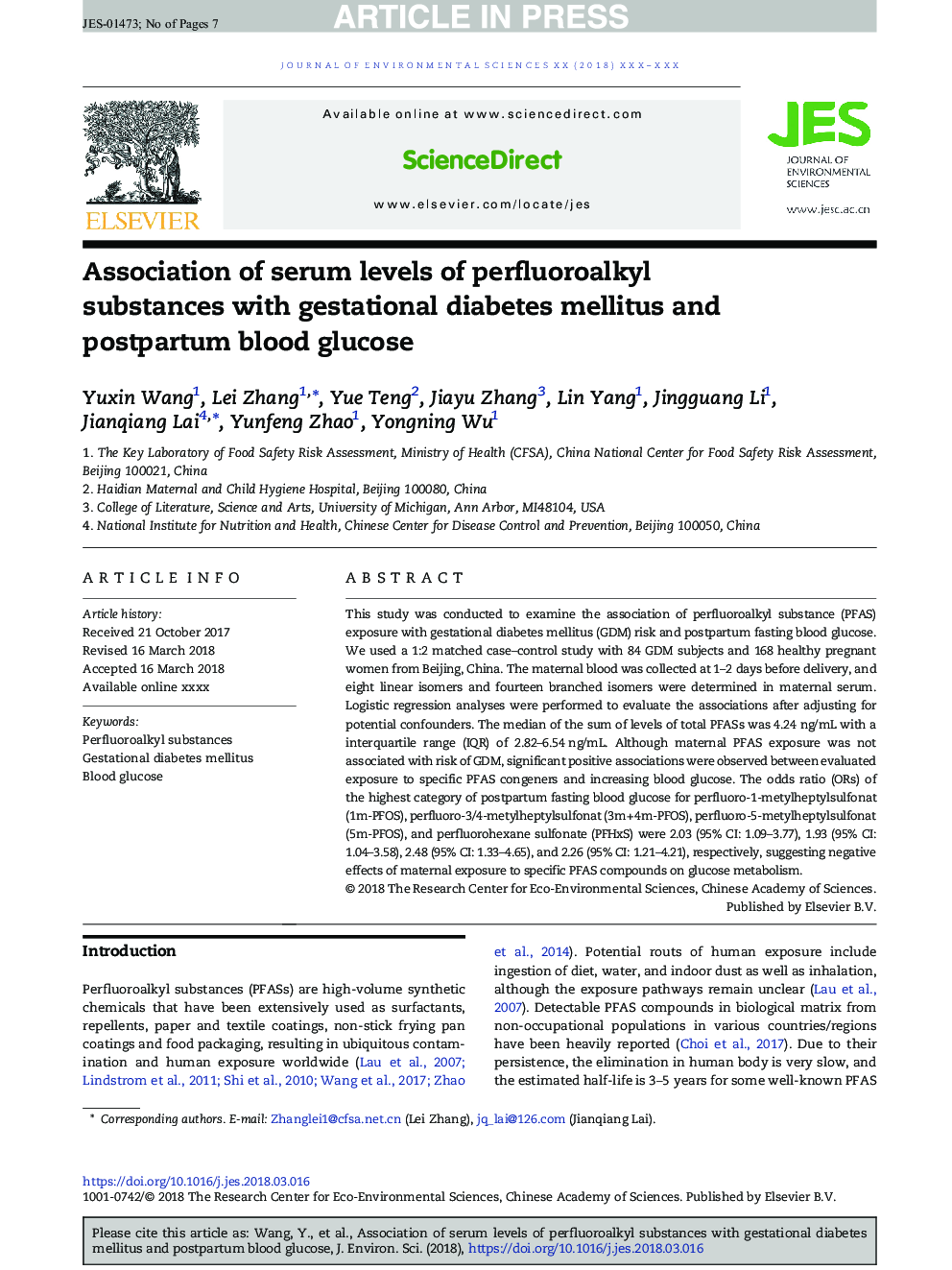 Association of serum levels of perfluoroalkyl substances with gestational diabetes mellitus and postpartum blood glucose