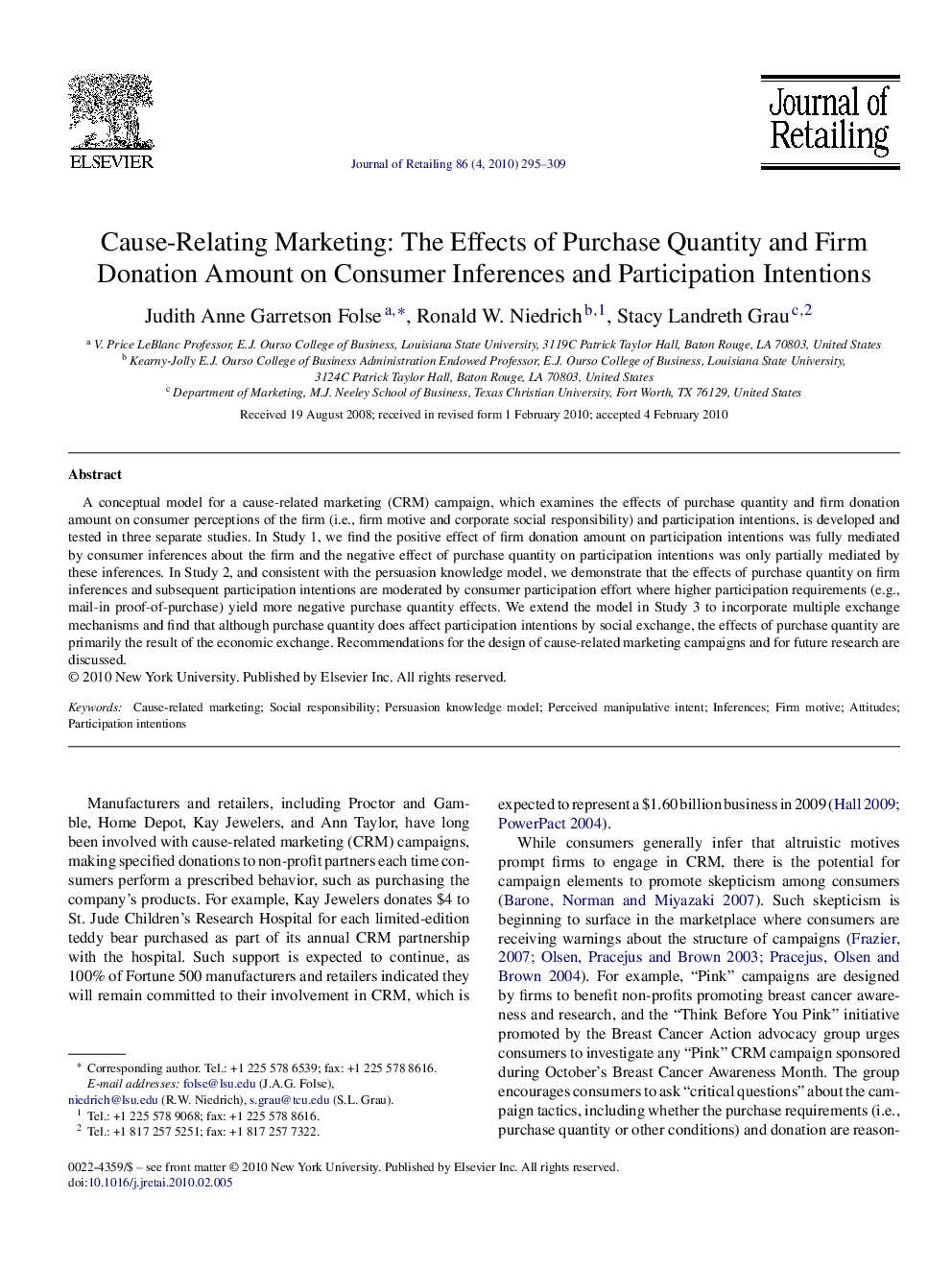 Cause-Relating Marketing: The Effects of Purchase Quantity and Firm Donation Amount on Consumer Inferences and Participation Intentions