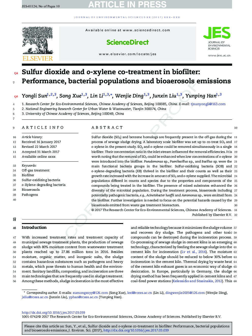 Sulfur dioxide and o-xylene co-treatment in biofilter: Performance, bacterial populations and bioaerosols emissions